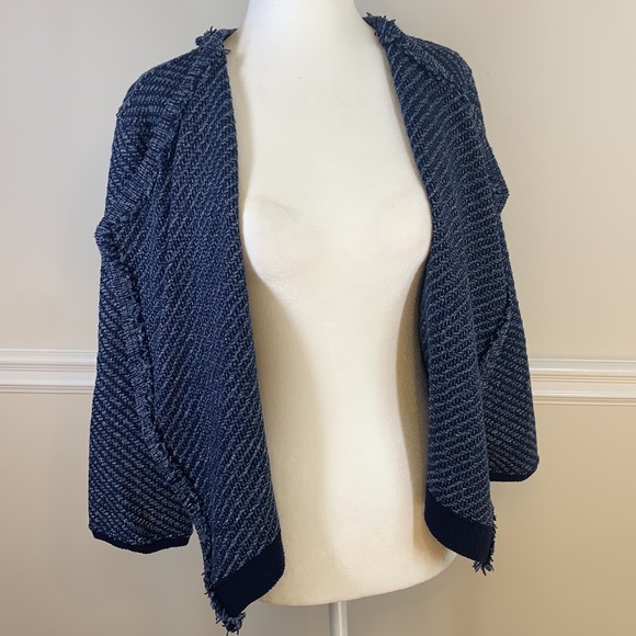 LOFT 3/4 Sleeves Fringe Knit Navy Open Jacket M - Picture 12 of 13